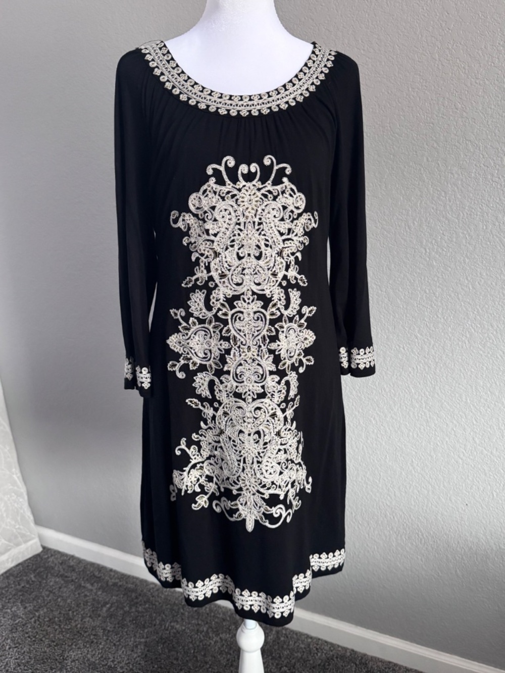 INC International Concepts Black Boho Embroidered Tunic Dress Size Large - Picture 2 of 12